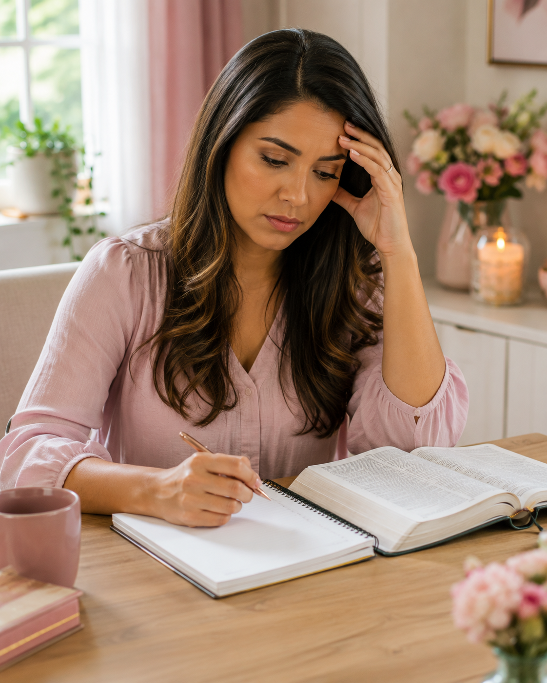 Mulher cristã tentando preparar uma palavra com Bíblia e caderno
